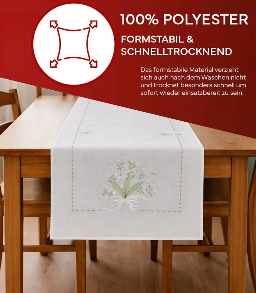 texpot Tischdecke Tischläufer Maiglöckchen Stickerei Weiß