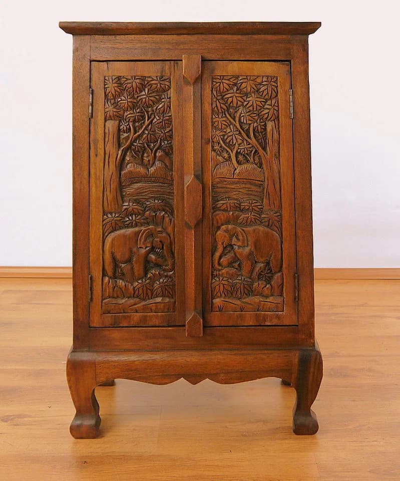 livasia Midischrank mit Elefantenschnitzerei Akazienholz Braun
