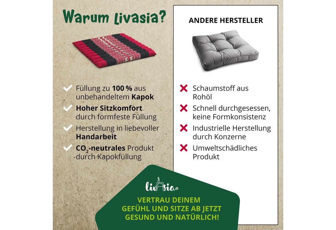 livasia Sitzkissen Steppkissen 50x50cm Rot Kapok - Bild 5