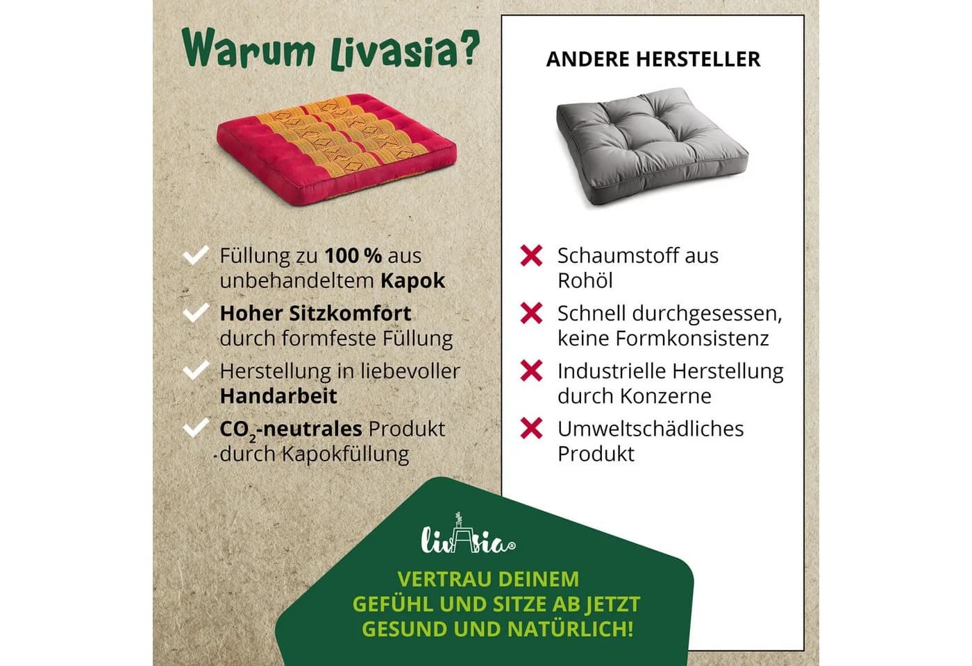 livasia Sitzkissen 35x35cm Rot/Gelb Kapok Füllung - Bild 5
