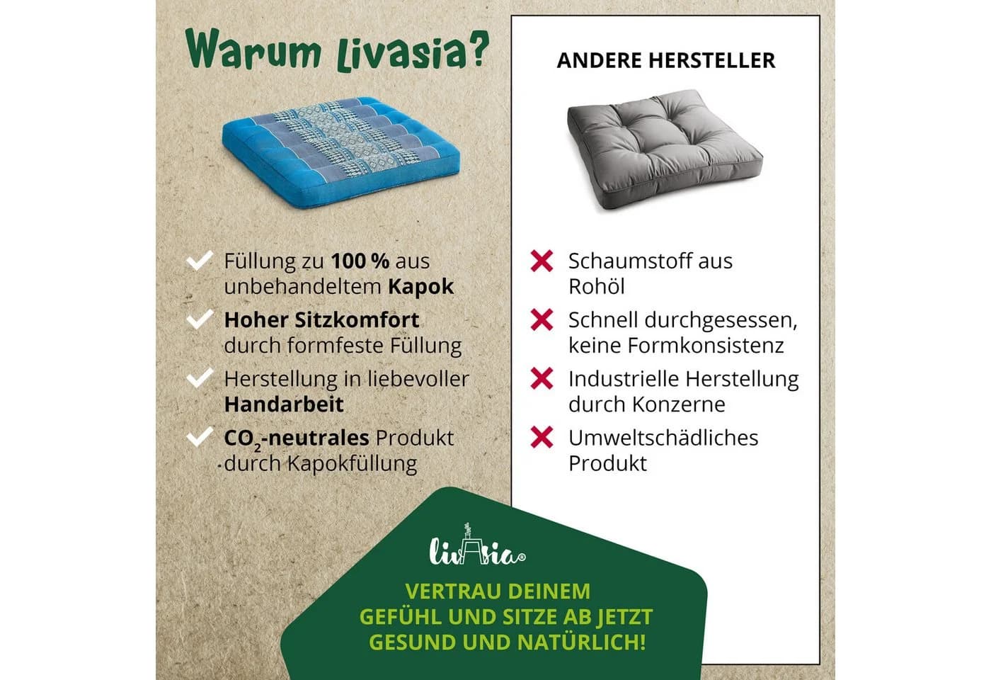 livasia Sitzkissen 35x35x6cm Vegan Handgefertigt Kapok - Bild 5