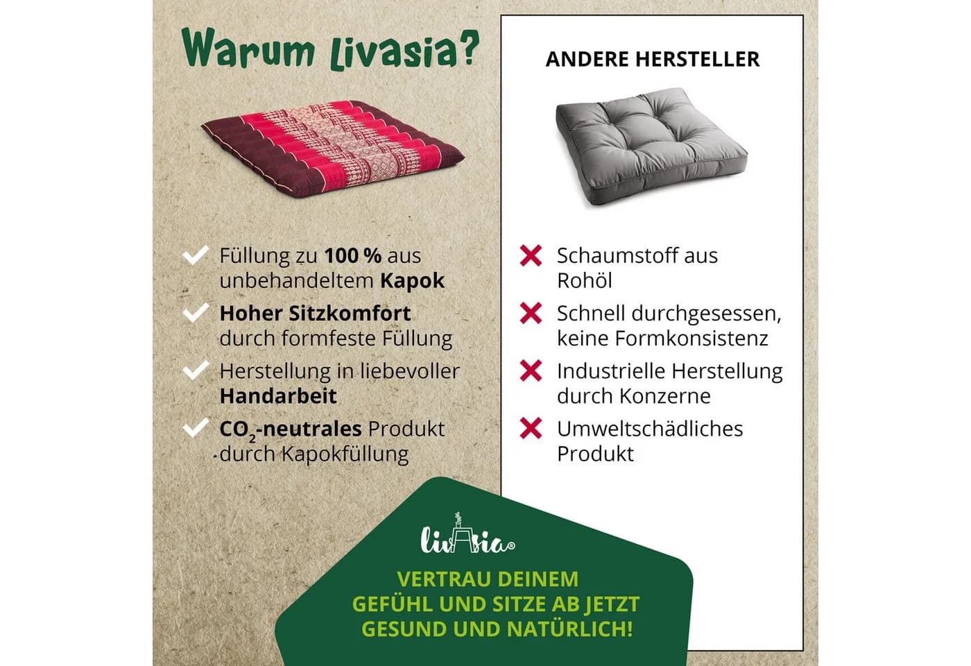 livasia Sitzkissen Steppkissen Rot Kapok Füllung - Bild 5