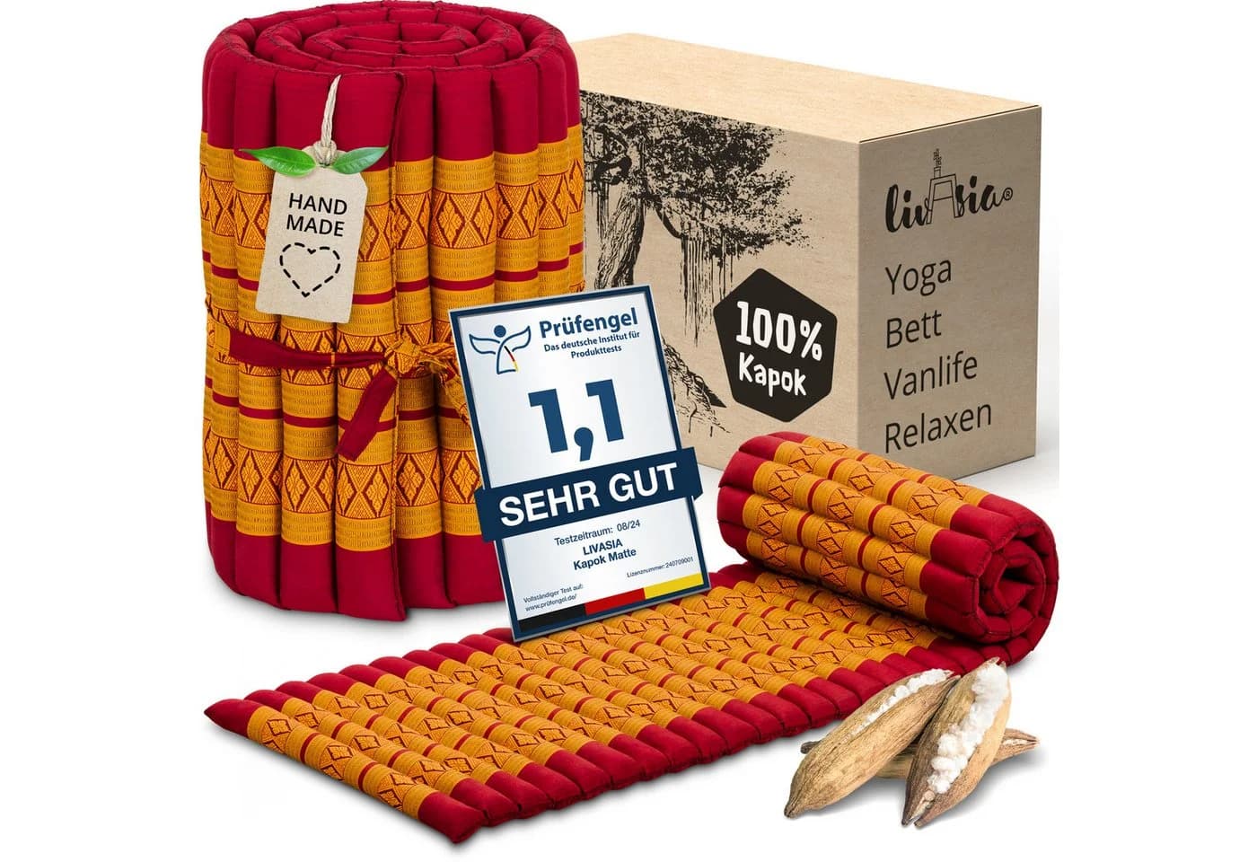 livasia Rollmatte 50 cm breit, vegan, Kapok-Füllung, Rot/Gelb - Bild 2