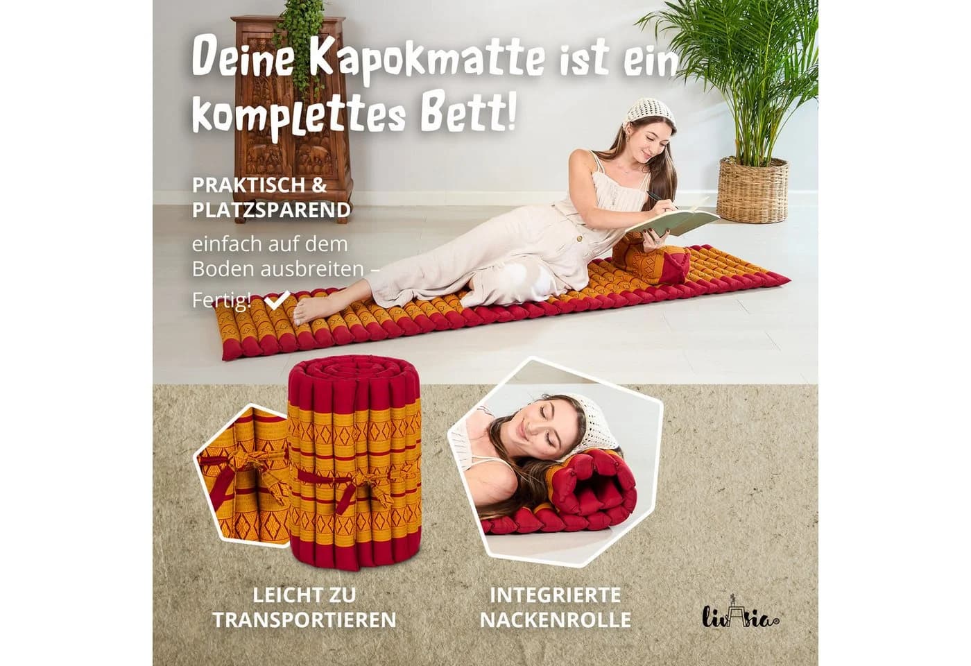 livasia Rollmatte 50 cm breit, vegan, Kapok-Füllung, Rot/Gelb - Bild 4
