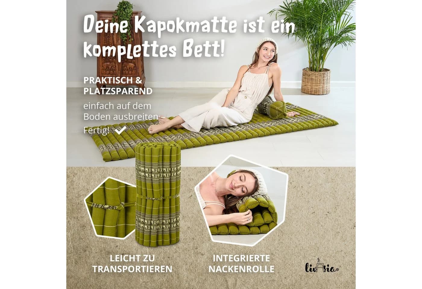 livasia Reisebett-Matratze Rollmatte Grün Kapok - Bild 4