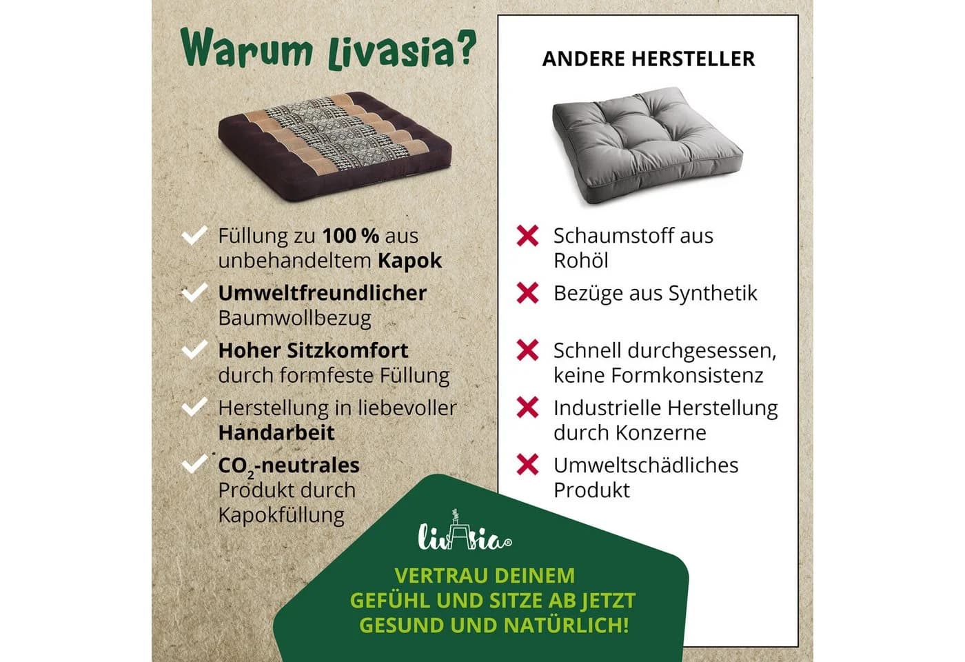 livasia Sitzkissen 35x35cm Vegan Kapok Handgefertigt Braun - Bild 5