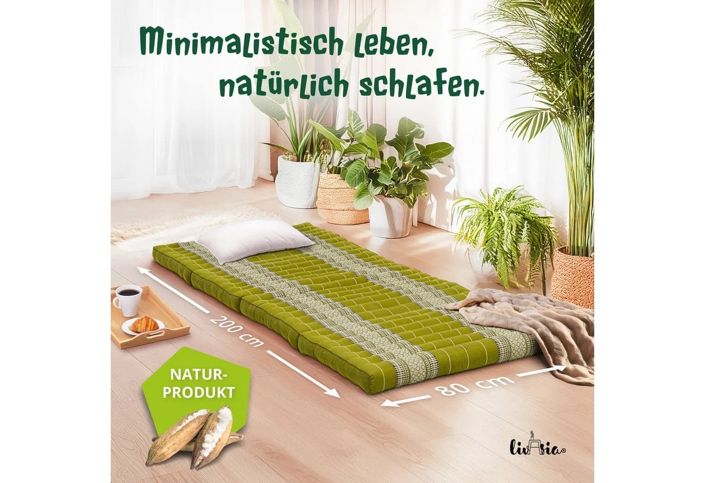 livasia Klappmatratze 80 cm Kapok Faltmatratze Grün
