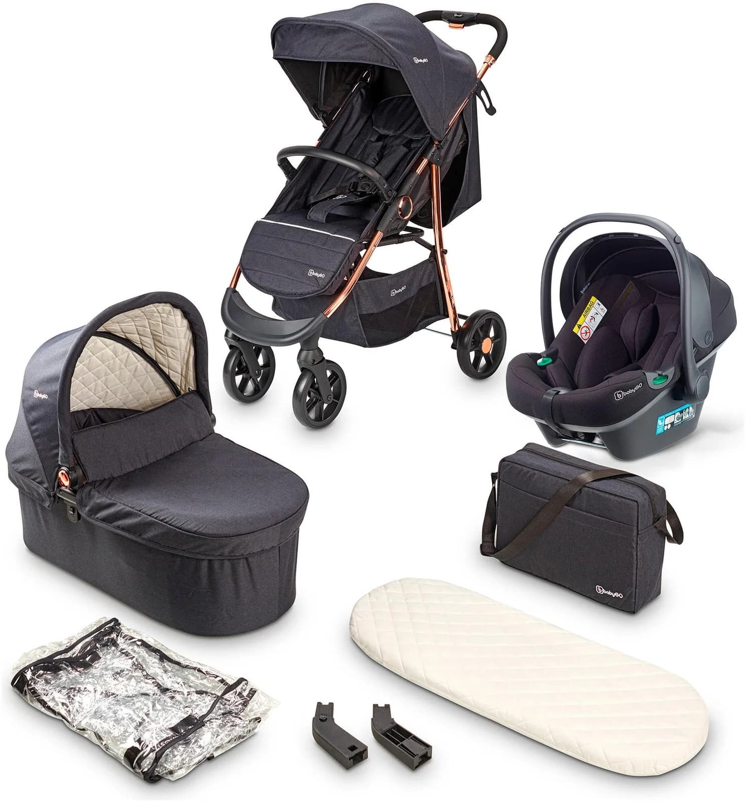 BABYGO Style 3in1 Kombi-Kinderwagen schwarz rosegold inkl. Babyschale