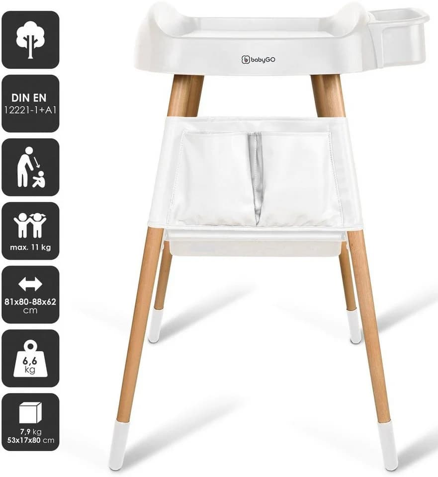 Wickeltisch BABYGO ChangeMe Weiß Holzwerkstoff mit Rädern und Ablage