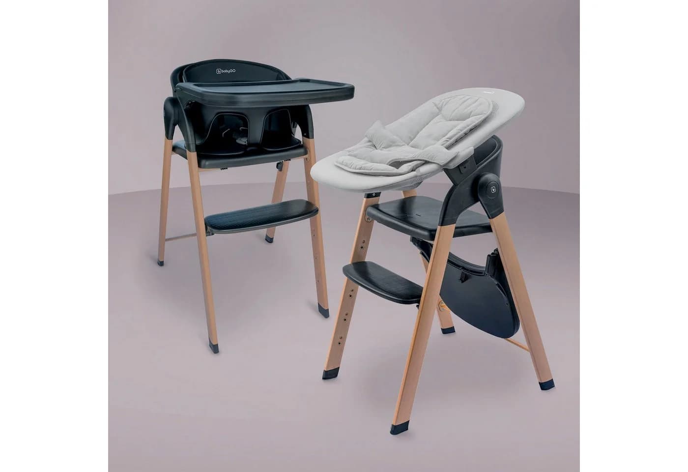 BABYGO Kombihochstuhl Levels inkl. Wippe - Schwarz/Natur Holzoptik