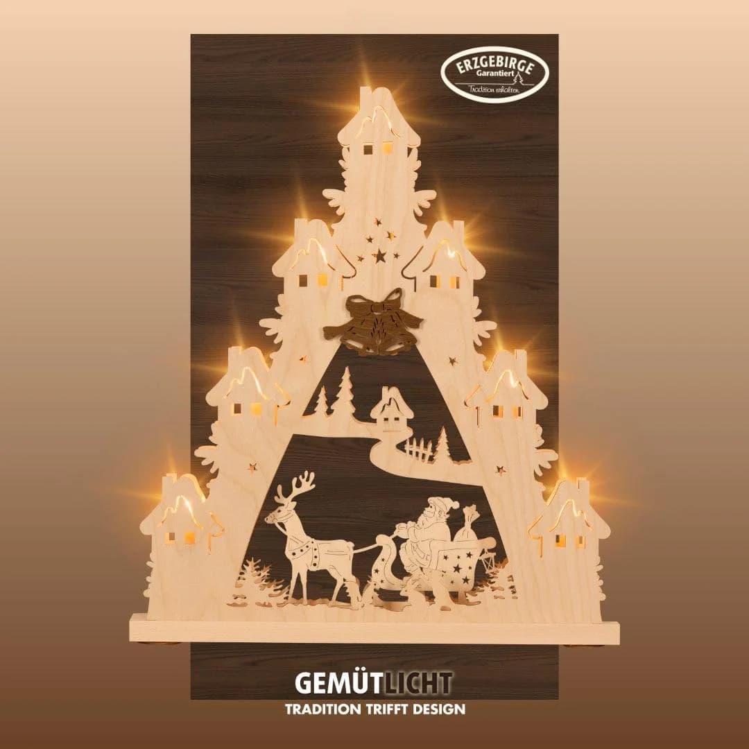 Weigla LED Schwibbogen Weihnachtsmann auf Schlitten, Lichterspitze aus Holz, Erzgebirge garantiert