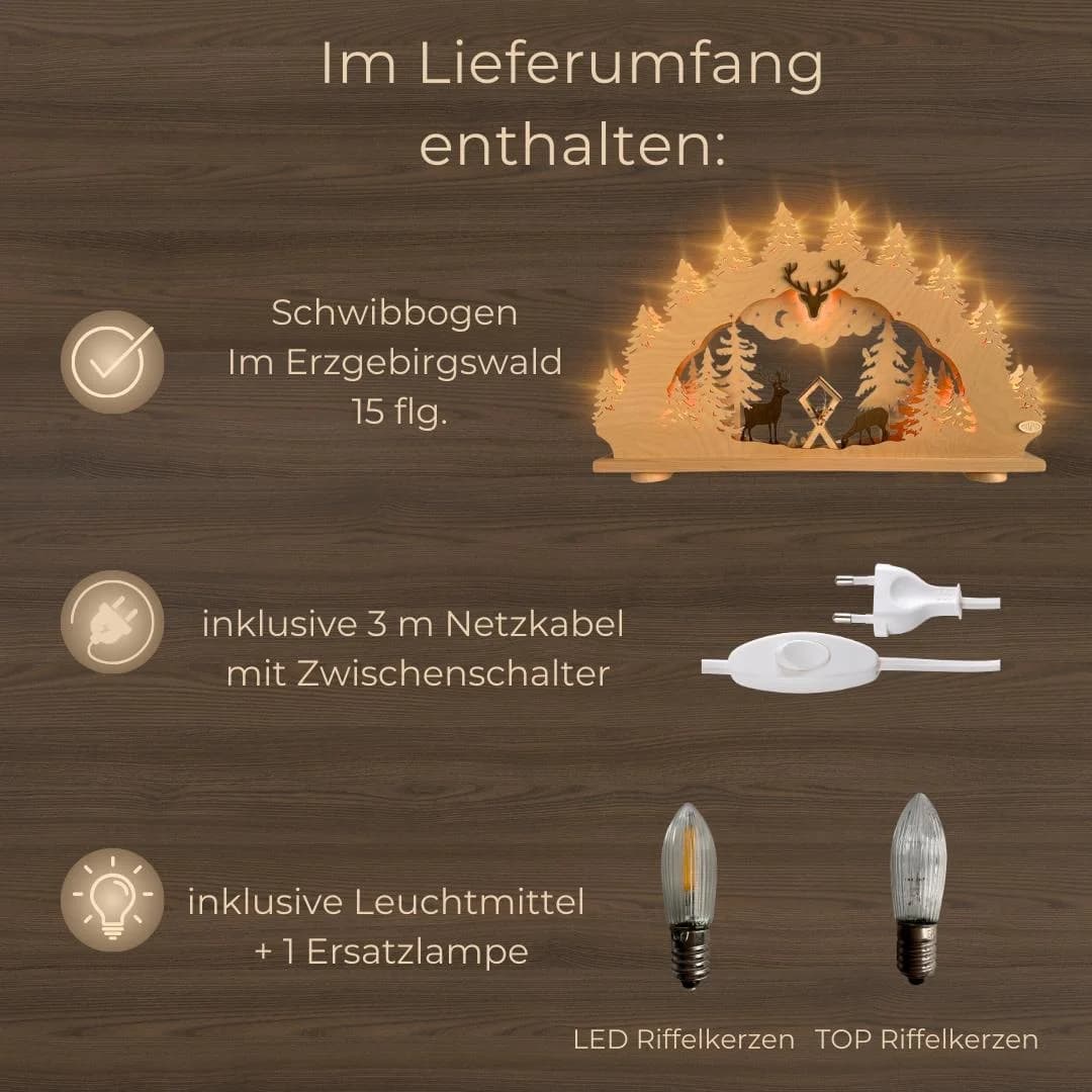 WEIGLA Schwibbogen "Im Erzgebirgswald" Lichterbogen aus Holz Natur