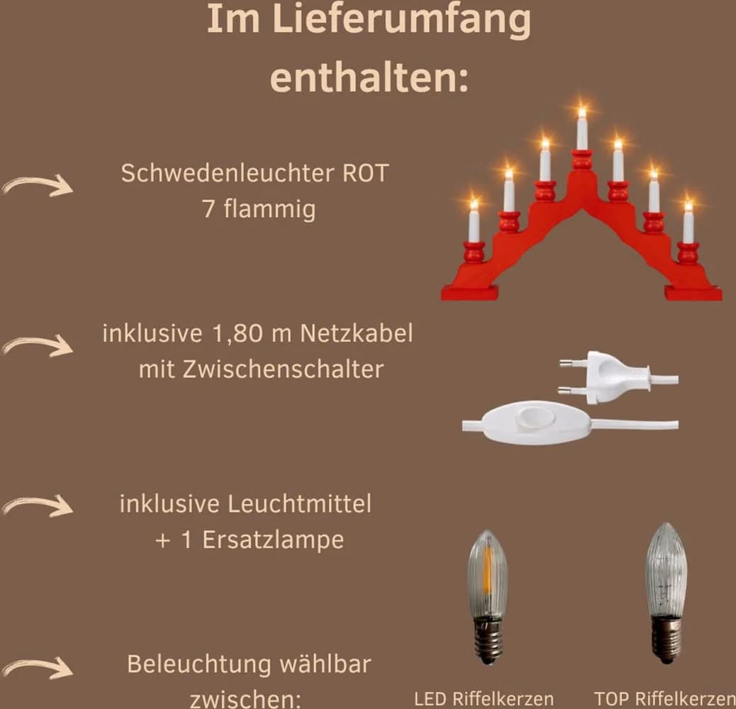 Weigla Lichterbogen Schwede 7-flammig Rot Massivholz - Bild 3