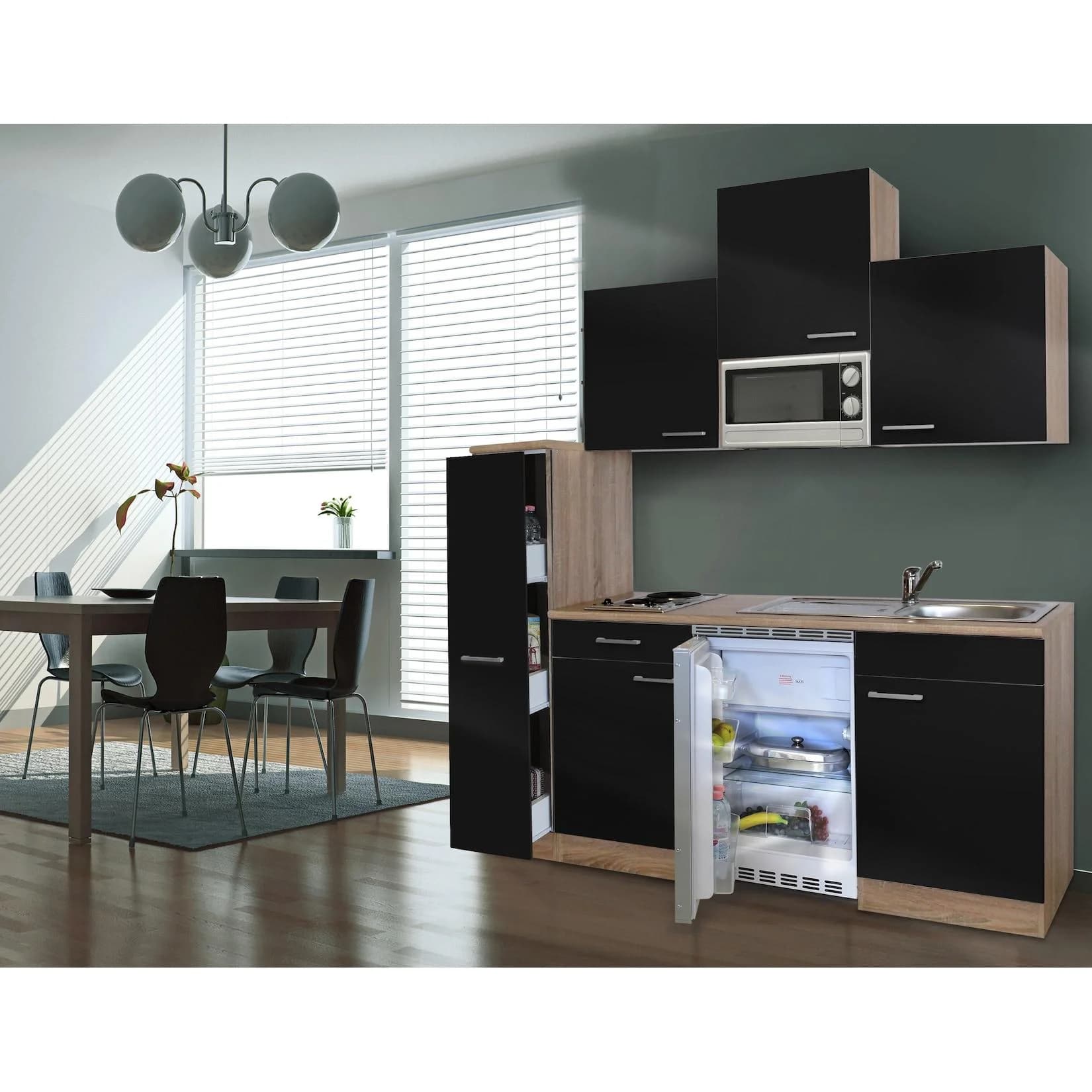 Respekta Küchenzeile KB180ESSMIC Schwarz Eiche Optik
