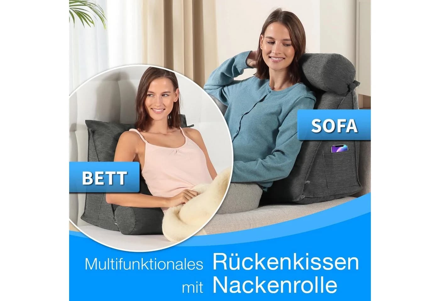 ELONEO Rückenkissen mit Nackenrolle Grau Keilform