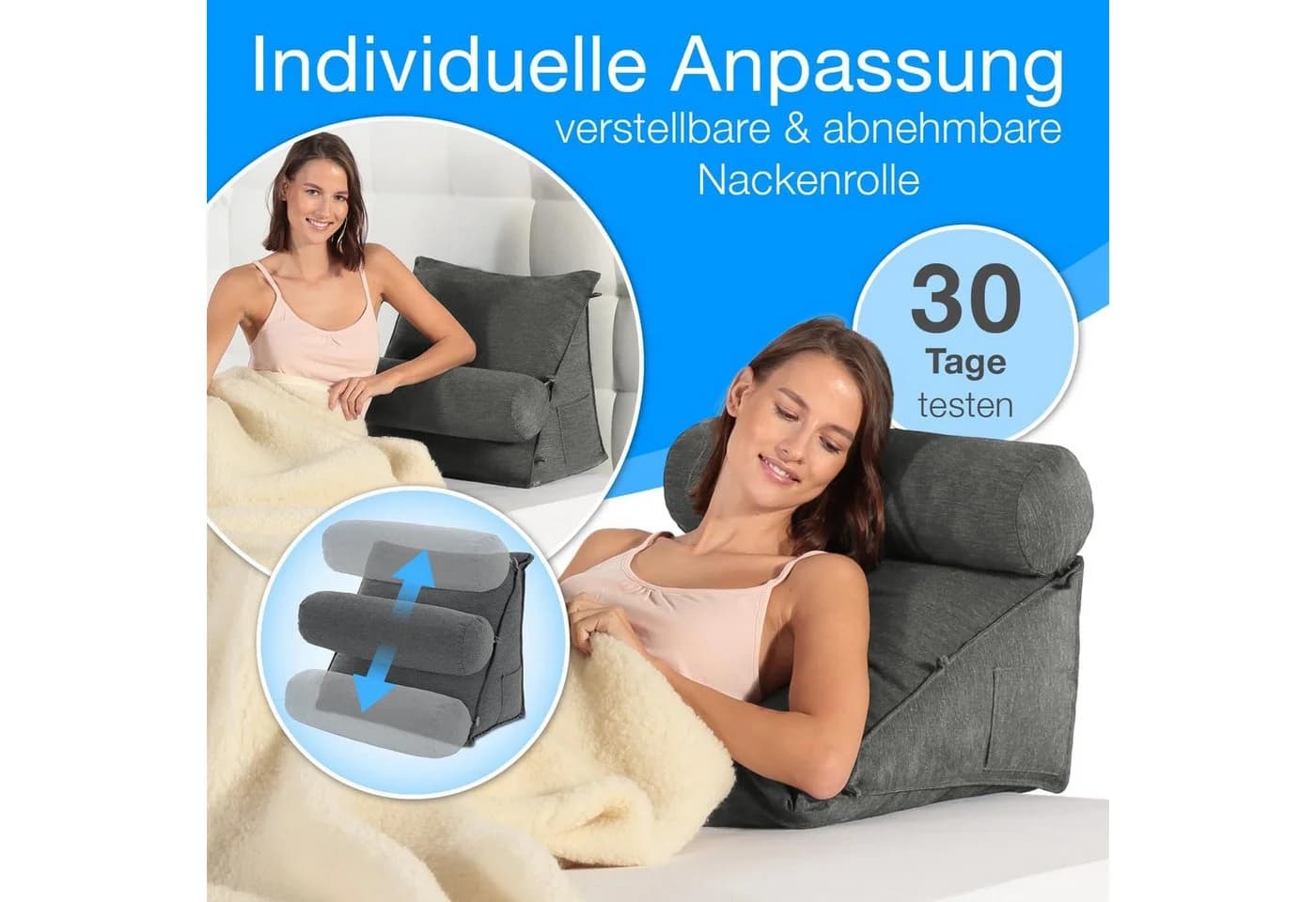 ELONEO Rückenkissen mit Nackenrolle Grau Keilform - Bild 3