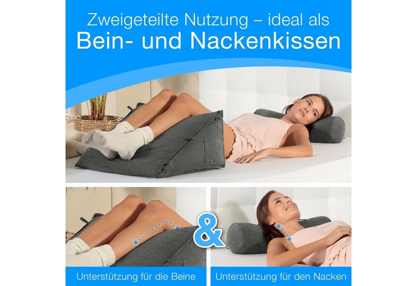 ELONEO Rückenkissen mit Nackenrolle Grau Keilform - Bild 5