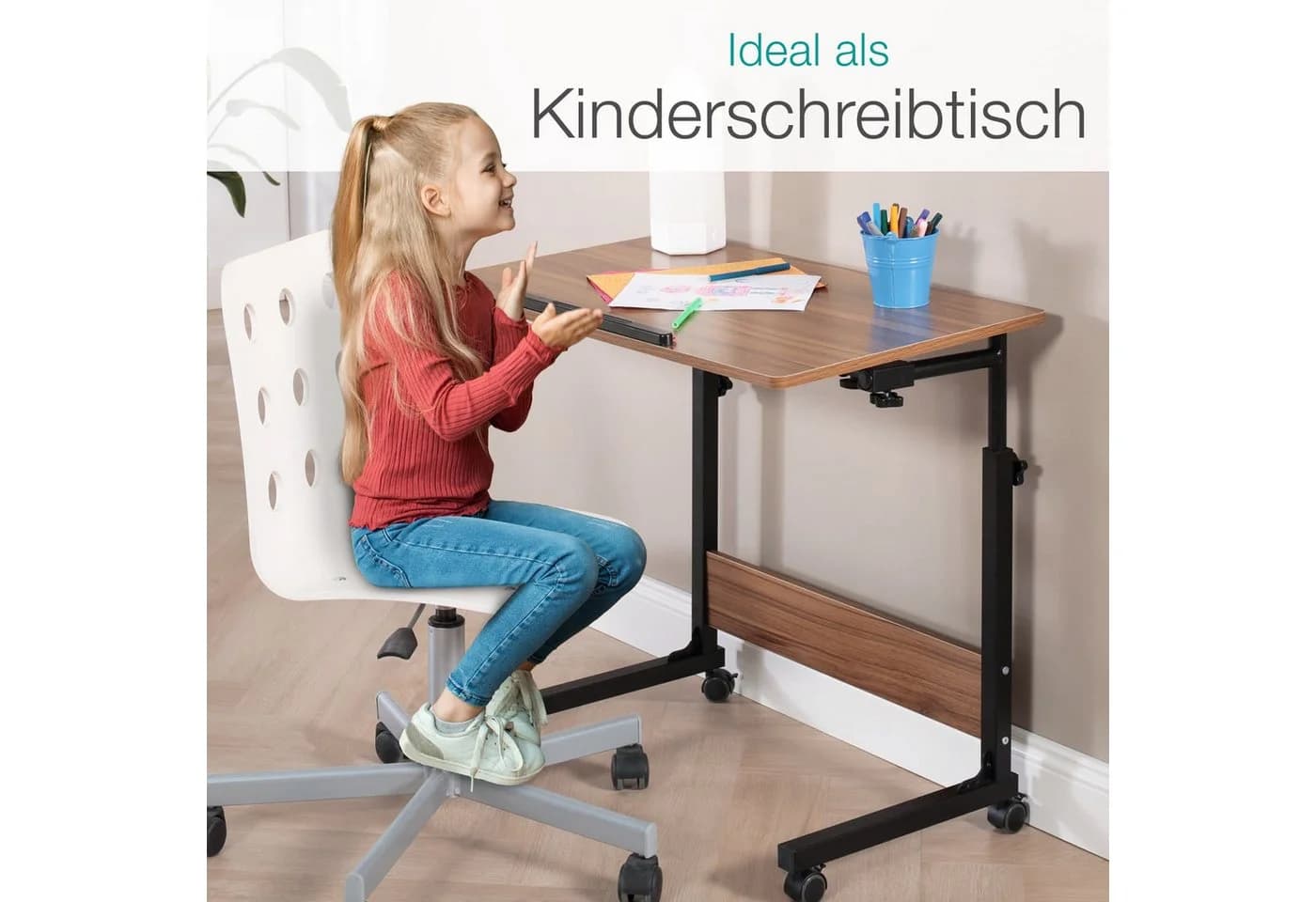ELONEO Beistelltisch höhenverstellbar mit Rollen Holz-Optik Weiß - Bild 4