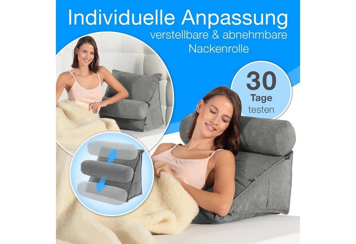 ELONEO Rückenkissen mit Nackenrolle Grau für Bett & Sofa - Bild 3