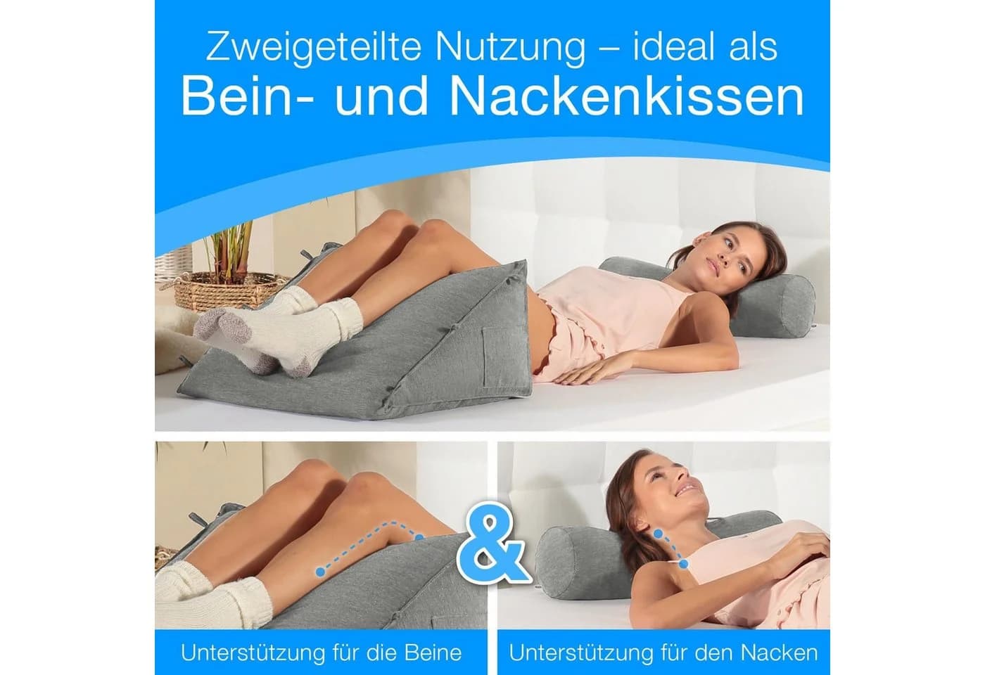 ELONEO Rückenkissen mit Nackenrolle Grau für Bett & Sofa - Bild 5