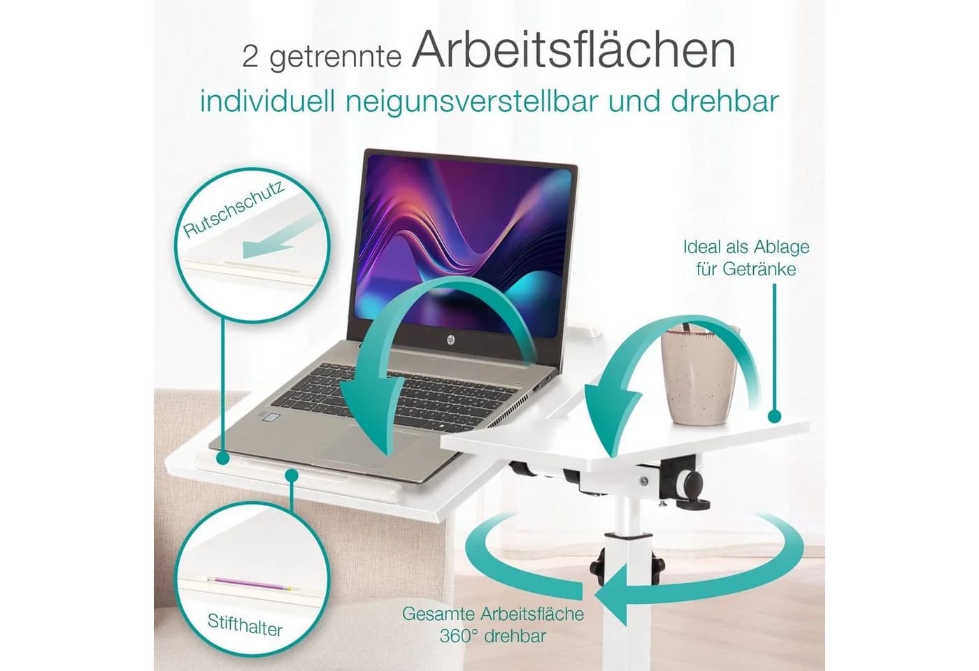 ELONEO Beistelltisch höhenverstellbar mit 2 Arbeitsflächen Rollen - Bild 4