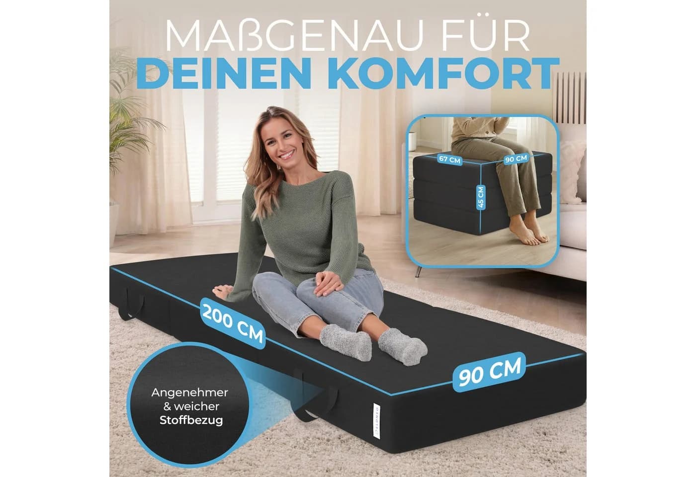 ELONEO Klappmatratze 3-teilig, Gästematratze mit extra dicken Schaumstoff, 15 cm hoch, waschbarer Bezug, geeignet für Hausstauballergiker, schadstoffgeprüft - Bild 2
