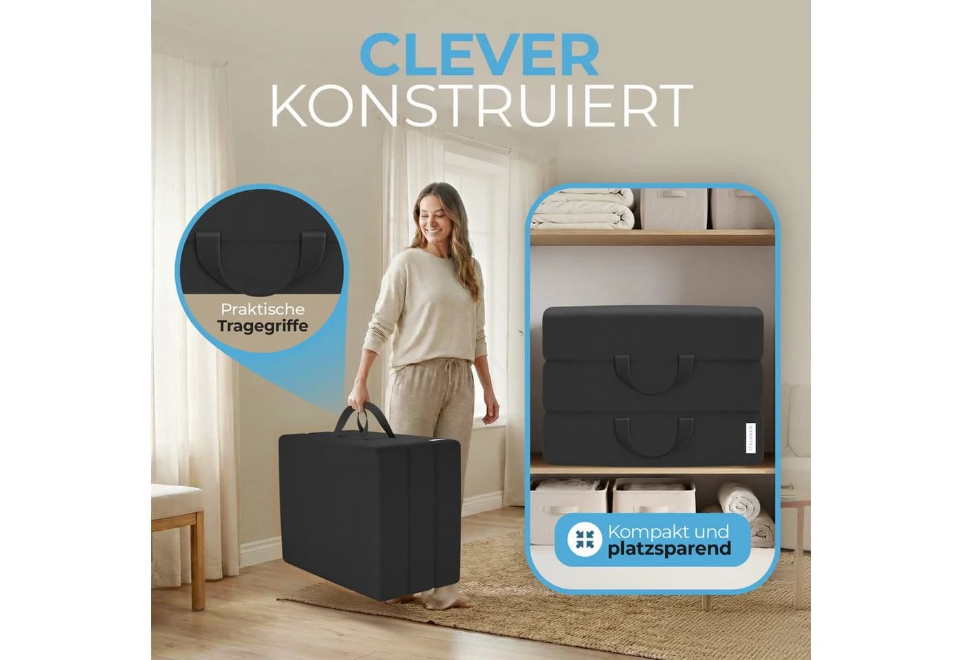 ELONEO Klappmatratze 3-teilig, Gästematratze mit extra dicken Schaumstoff, 15 cm hoch, waschbarer Bezug, geeignet für Hausstauballergiker, schadstoffgeprüft - Bild 5