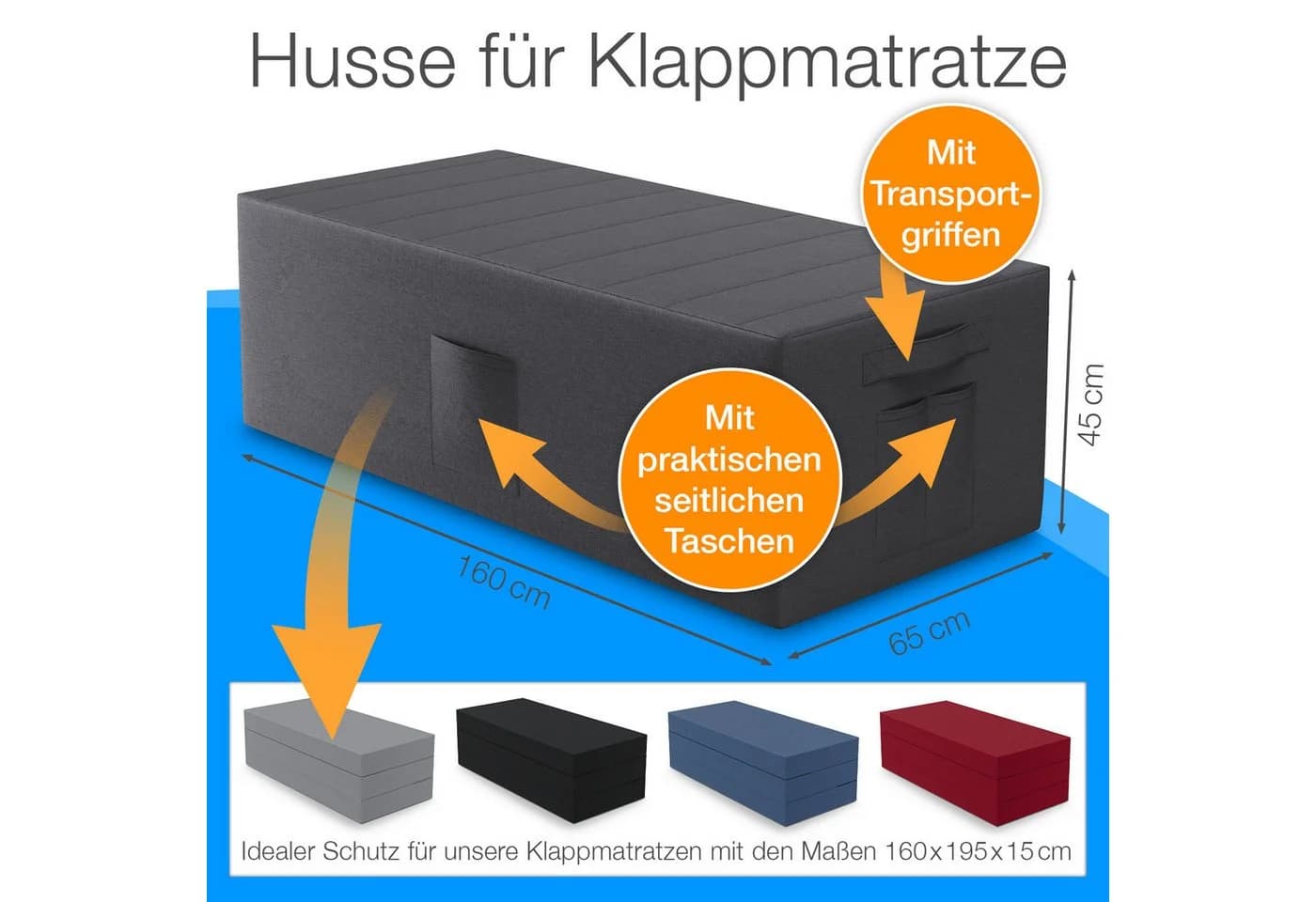 Husse für Klappmatratze Gästematratze 160x195x15 Anthrazit - Bild 1