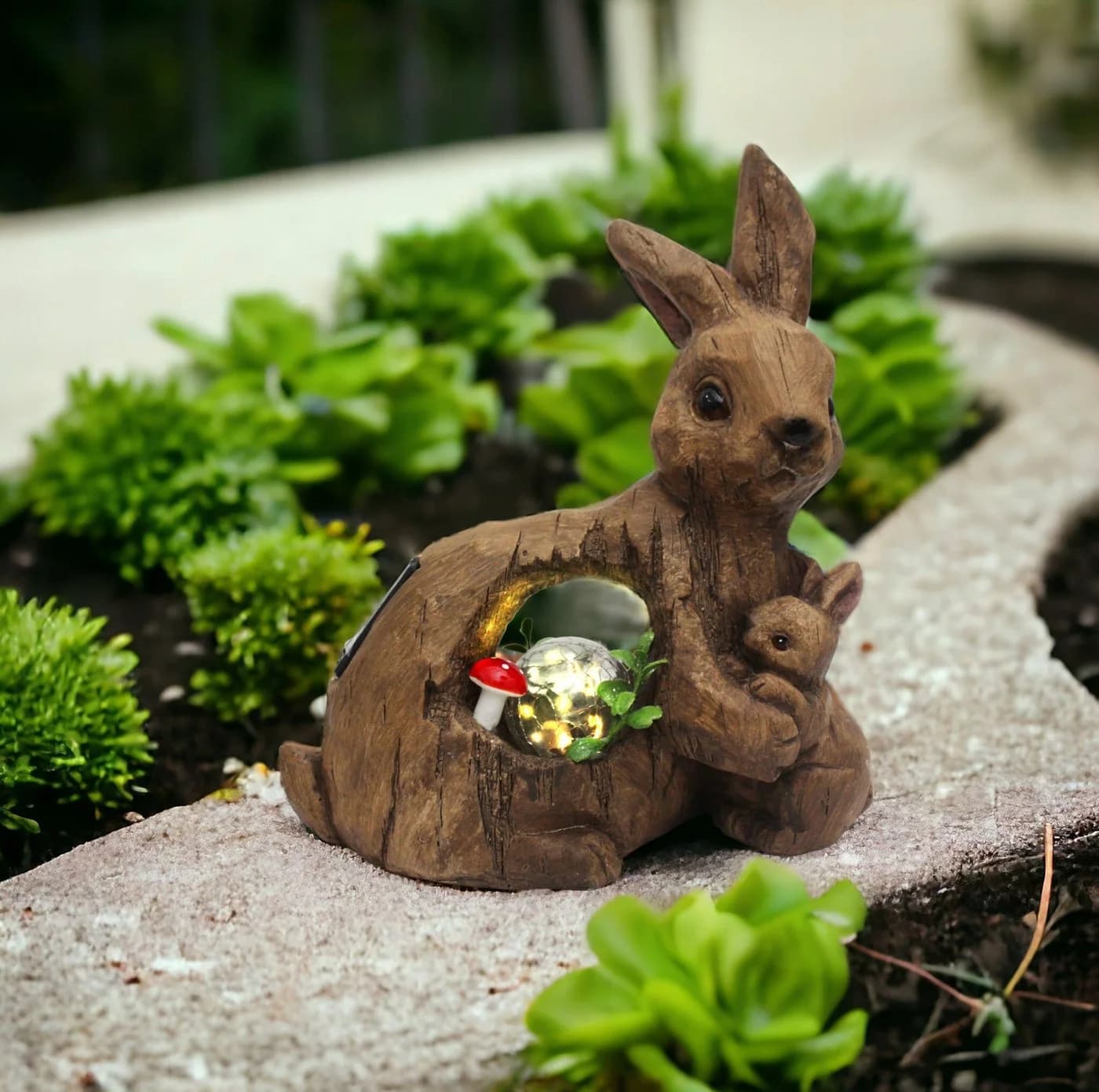 Arnusa Gartenfigur Solar Tierfigur Hase mit Glaskugel und warmweiß LED Beleuchtung