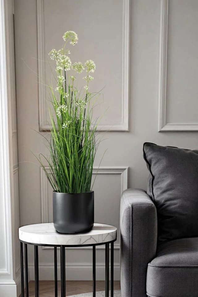 Arnusa Kunstgras 90 cm mit weißen Blüten im Topf - Bild 4