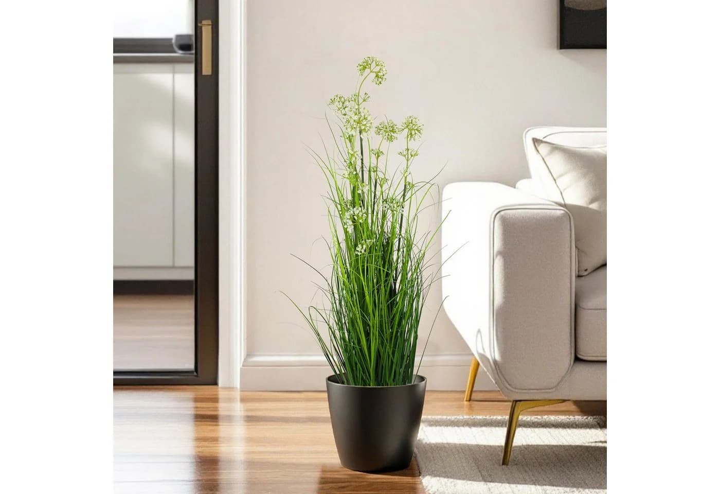 Arnusa Kunstgras 90 cm mit weißen Blüten im Topf - Bild 5