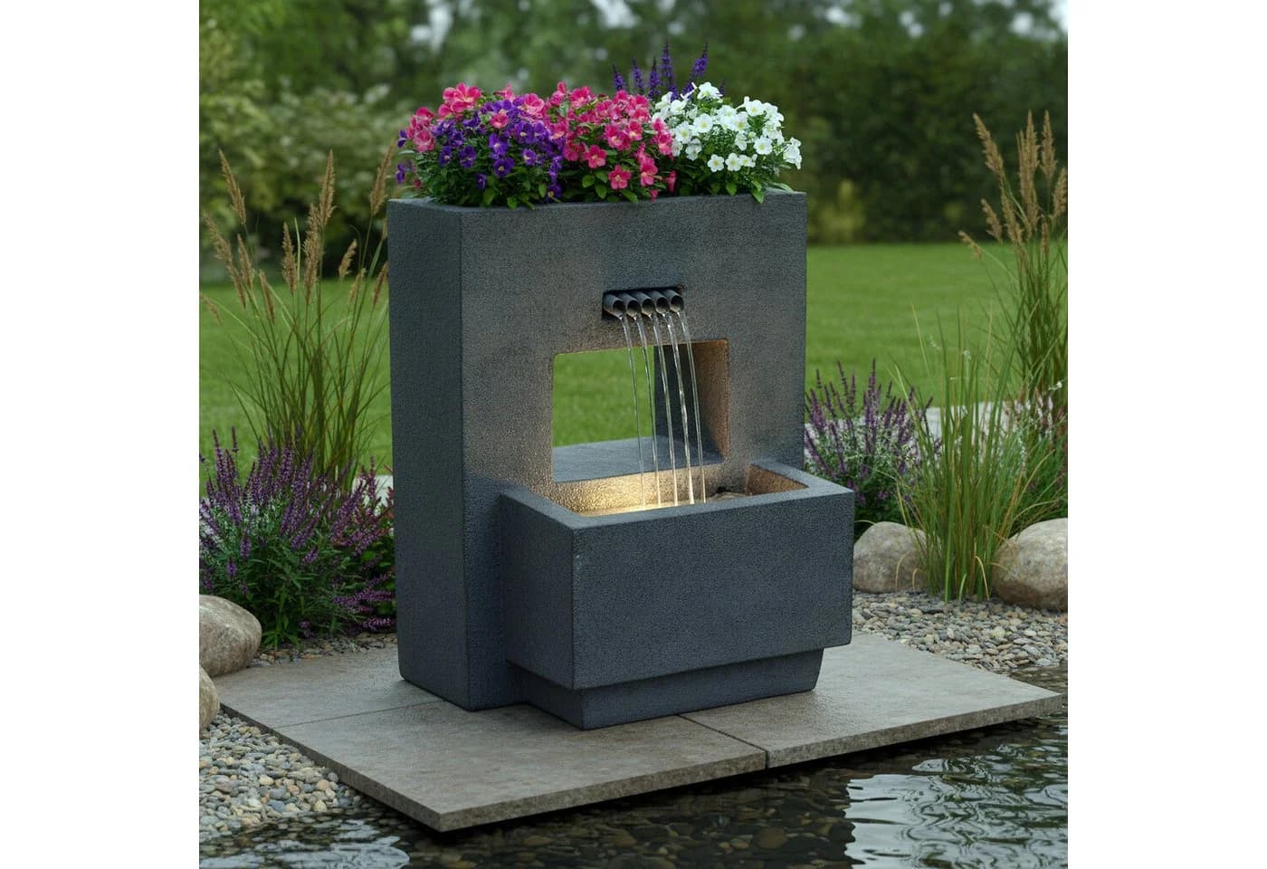 Arnusa Gartenbrunnen LED Grau Betonoptik Komplett-Set - Bild 5