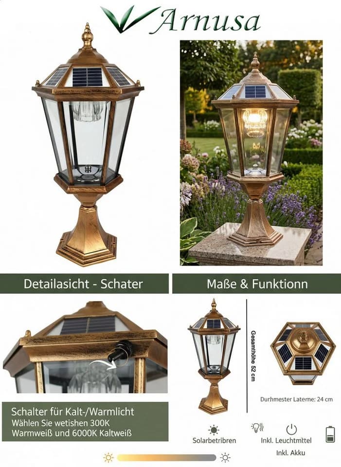 Arnusa LED Solarleuchte Sockelleuchte Außenleuchte Kupferoptik Duo Color