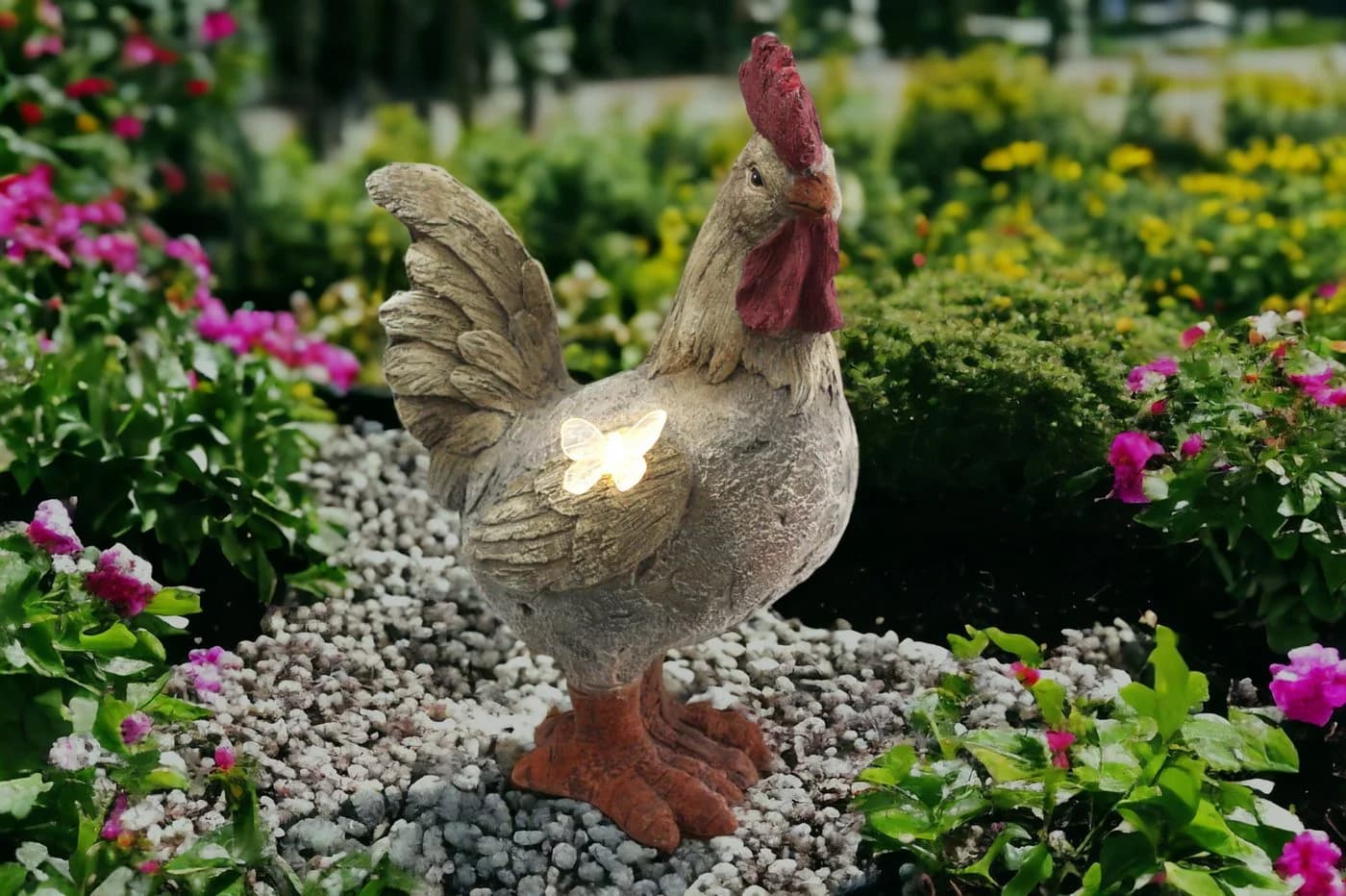 Arnusa Gartenfigur Hahn mit Solarbeleuchtung Steinoptik