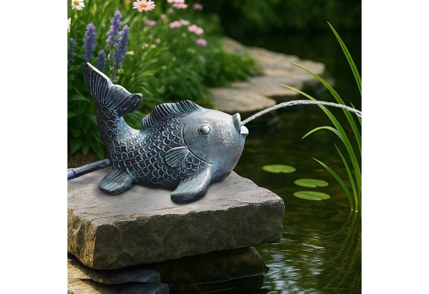 Arnusa Solarbetriebener Wasserspeier Karpfen Teichfigur Kupfer-Bronze