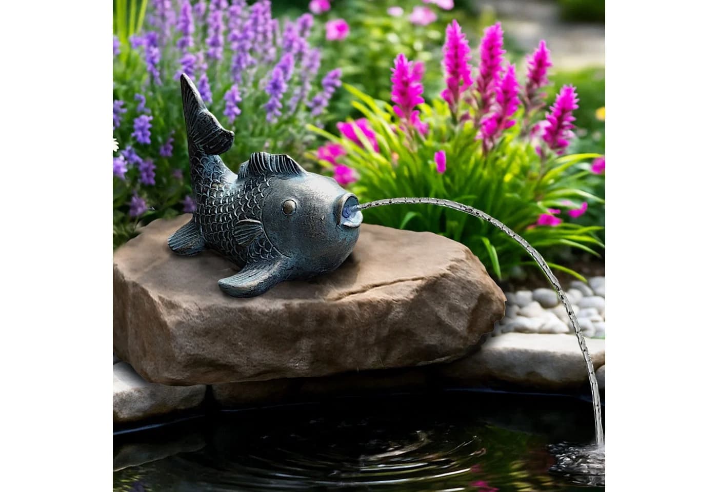 Arnusa Solarbetriebener Wasserspeier Karpfen Teichfigur Kupfer-Bronze - Bild 3