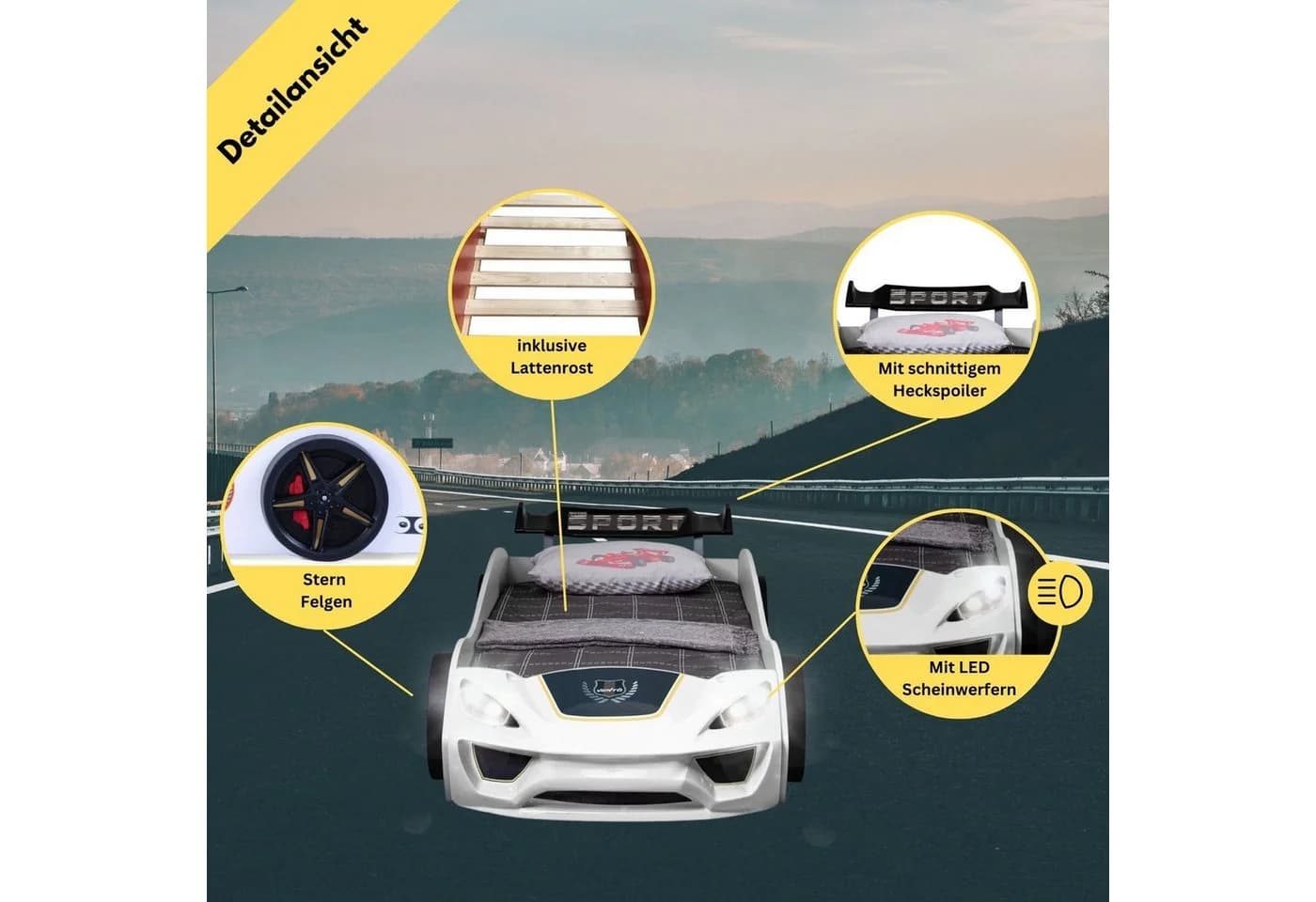 Coemo Autobett DREAM RACER Rennwagen-Design Kinderbett 90x200 cm LED-Licht - Bild 3