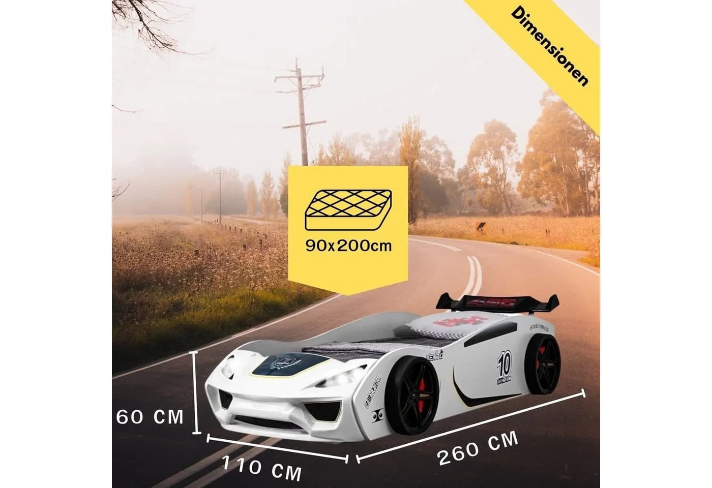 Coemo Autobett DREAM RACER Rennwagen-Design Kinderbett 90x200 cm LED-Licht - Bild 4