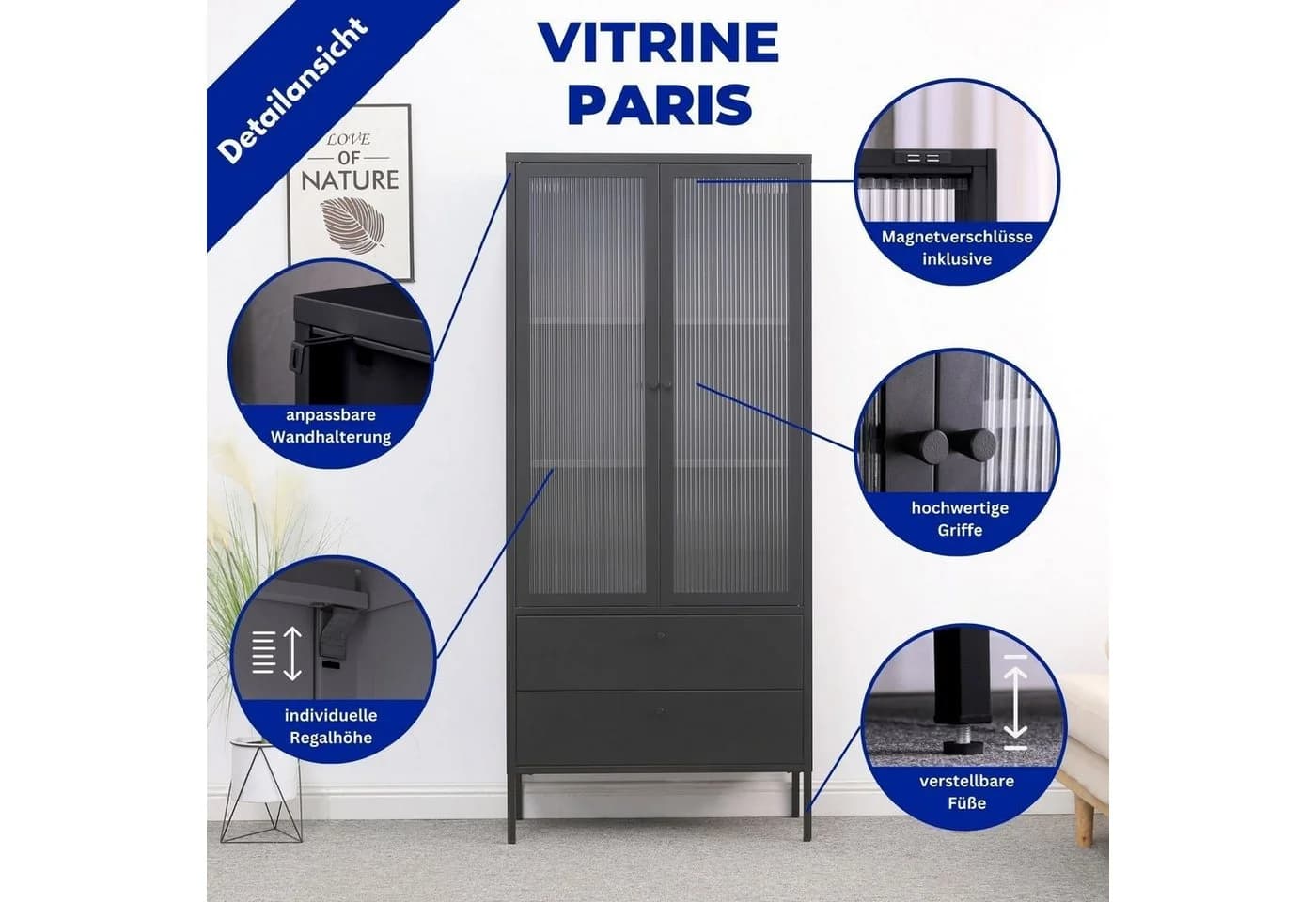 Mein-Regal Standvitrine PARIS Schwarz Metall mit Glastüren - Bild 4