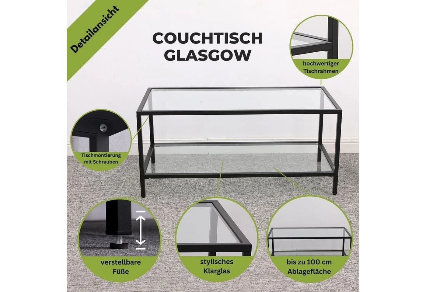 Mein-Regal Wohnzimmertisch GLASGOW Schwarz Metall Glas - Bild 2