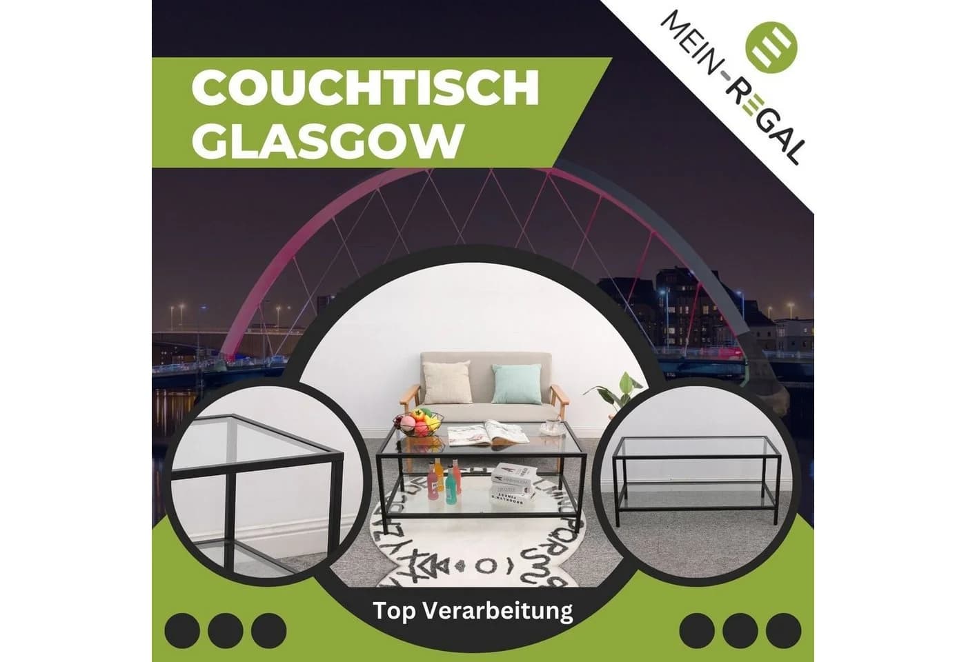 Mein-Regal Wohnzimmertisch GLASGOW Schwarz Metall Glas - Bild 5
