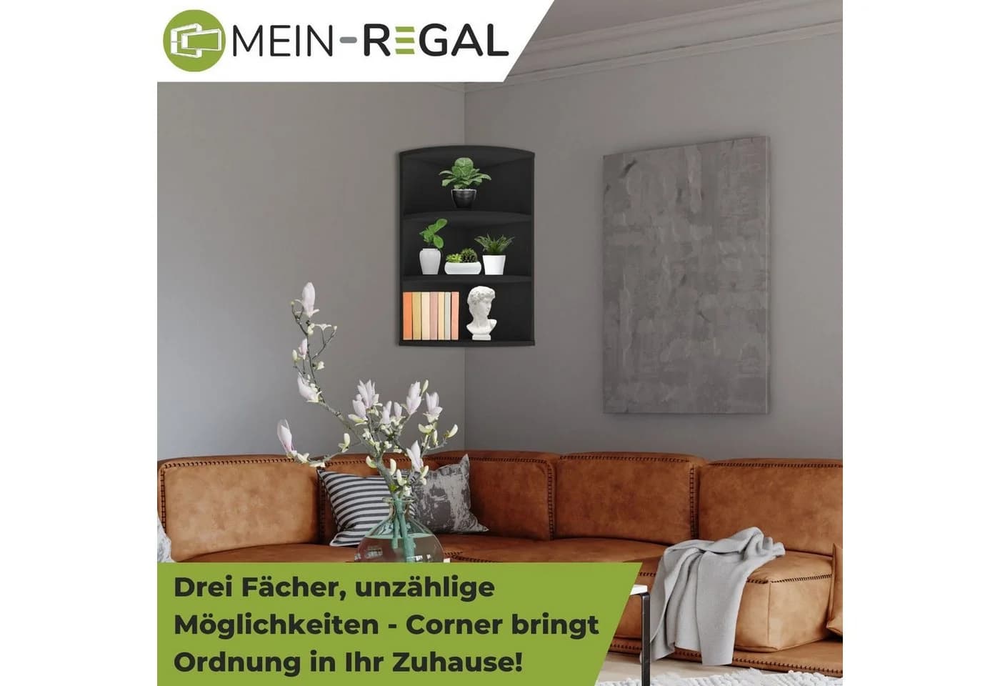 Mein-Regal Eckregal Schwarz 3 Fächer Holzwerkstoff