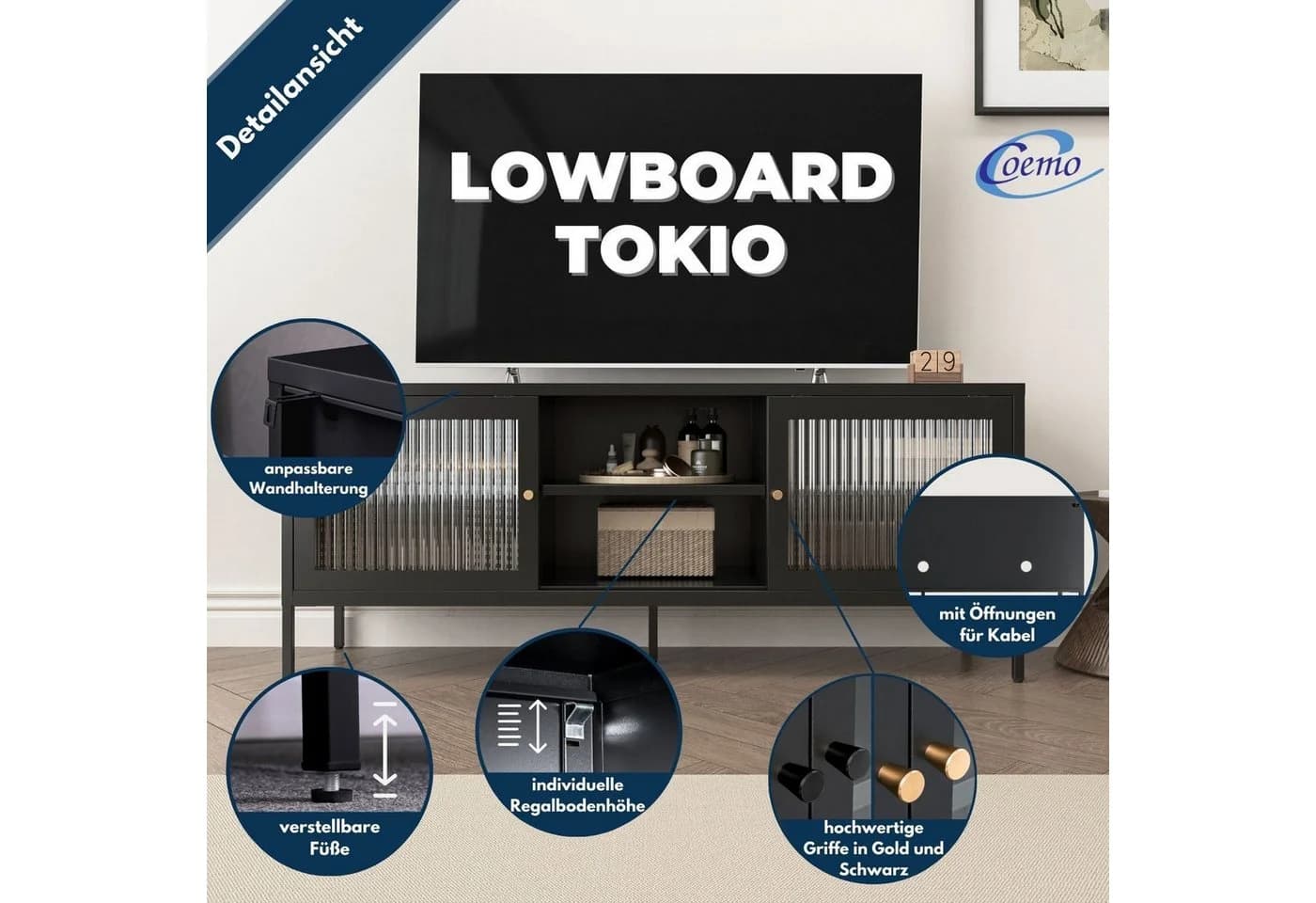 Coemo Sideboard Tokio Schwarz TV-Schrank Metall Glastür Lowboard Fernsehtisch
