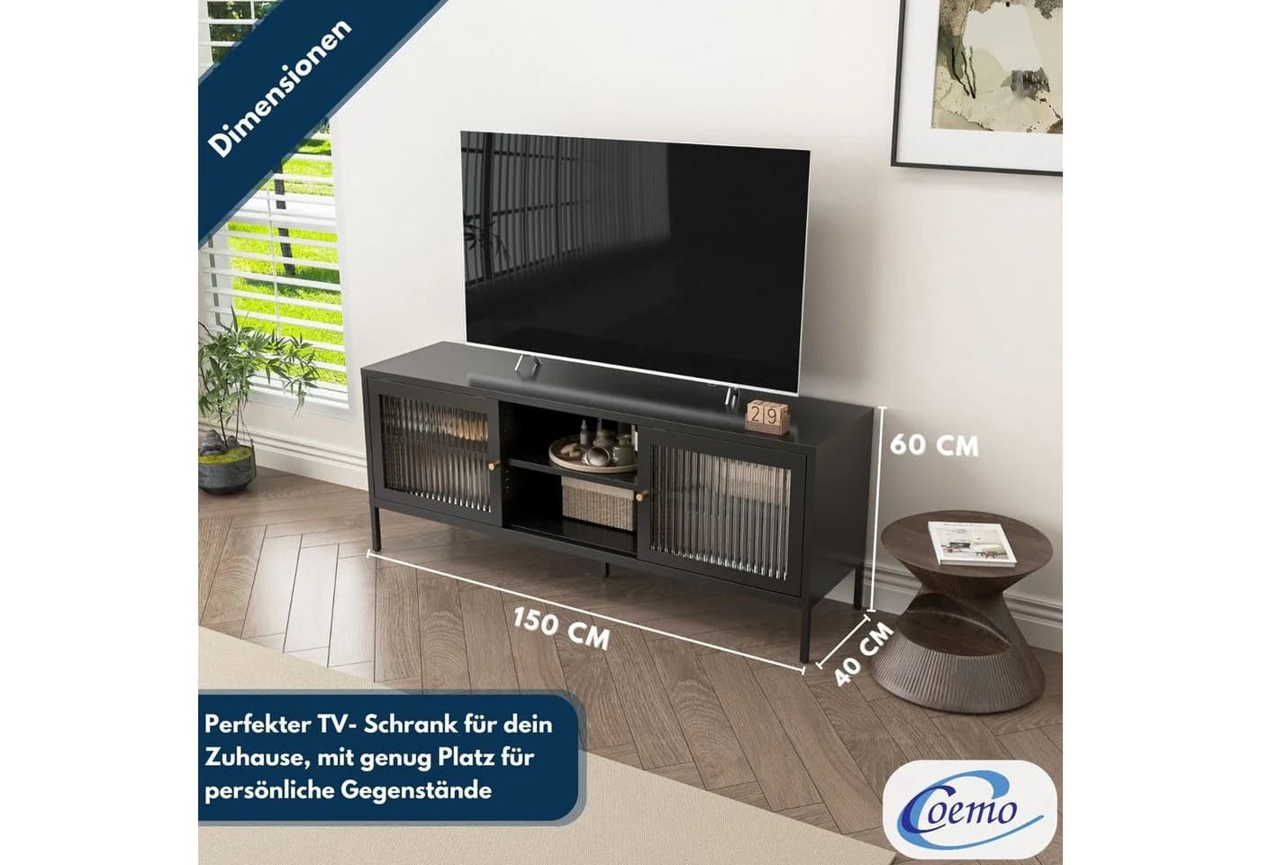 Coemo Sideboard Tokio Schwarz TV-Schrank Metall Glastür Lowboard Fernsehtisch - Bild 5