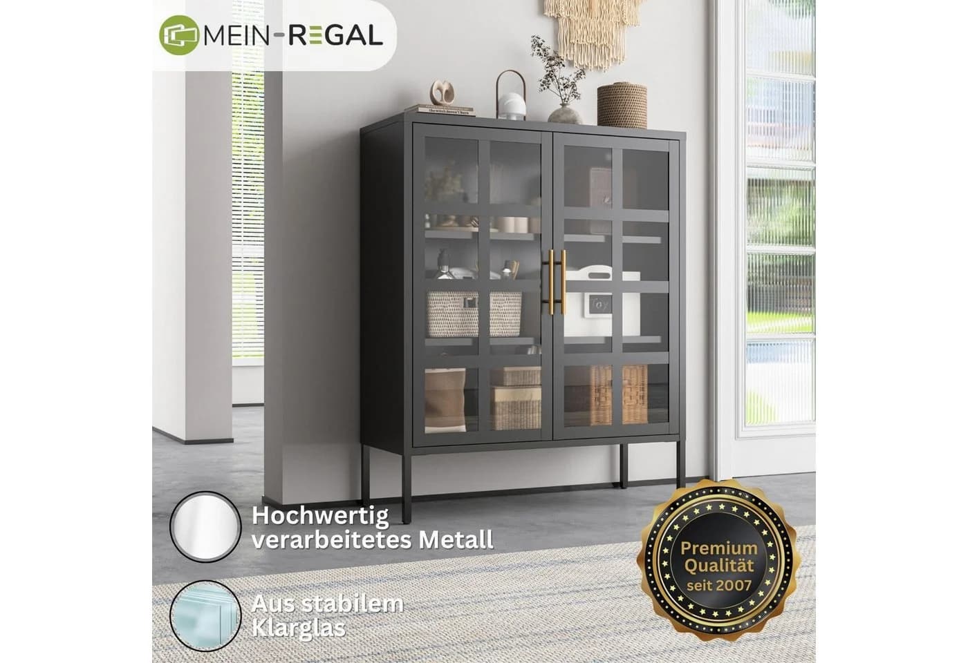 Mein-Regal Highboard GLASGOW Schwarz Metall Vitrine mit Glastüren - Bild 3