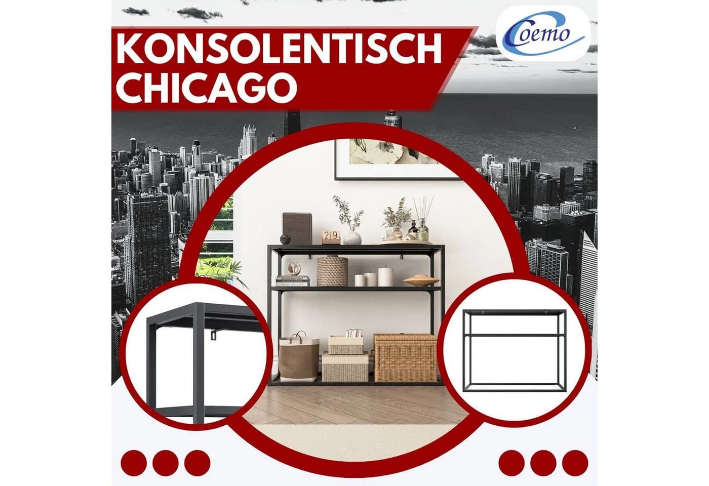 Coemo Konsolentisch CHICAGO Schwarz Metall 2 Ebenen - Bild 5