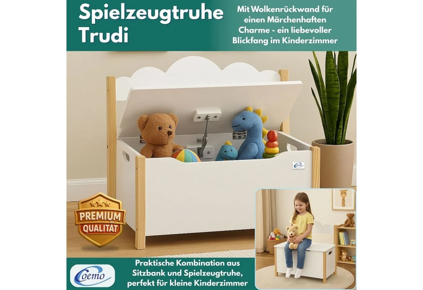 Coemo Kindersitzgruppe TRUDI Weiß Spielzeugkiste aus Holz