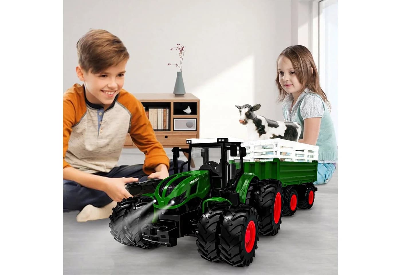Esun RC-Traktor Ferngesteuert Grün mit Anhänger und Licht