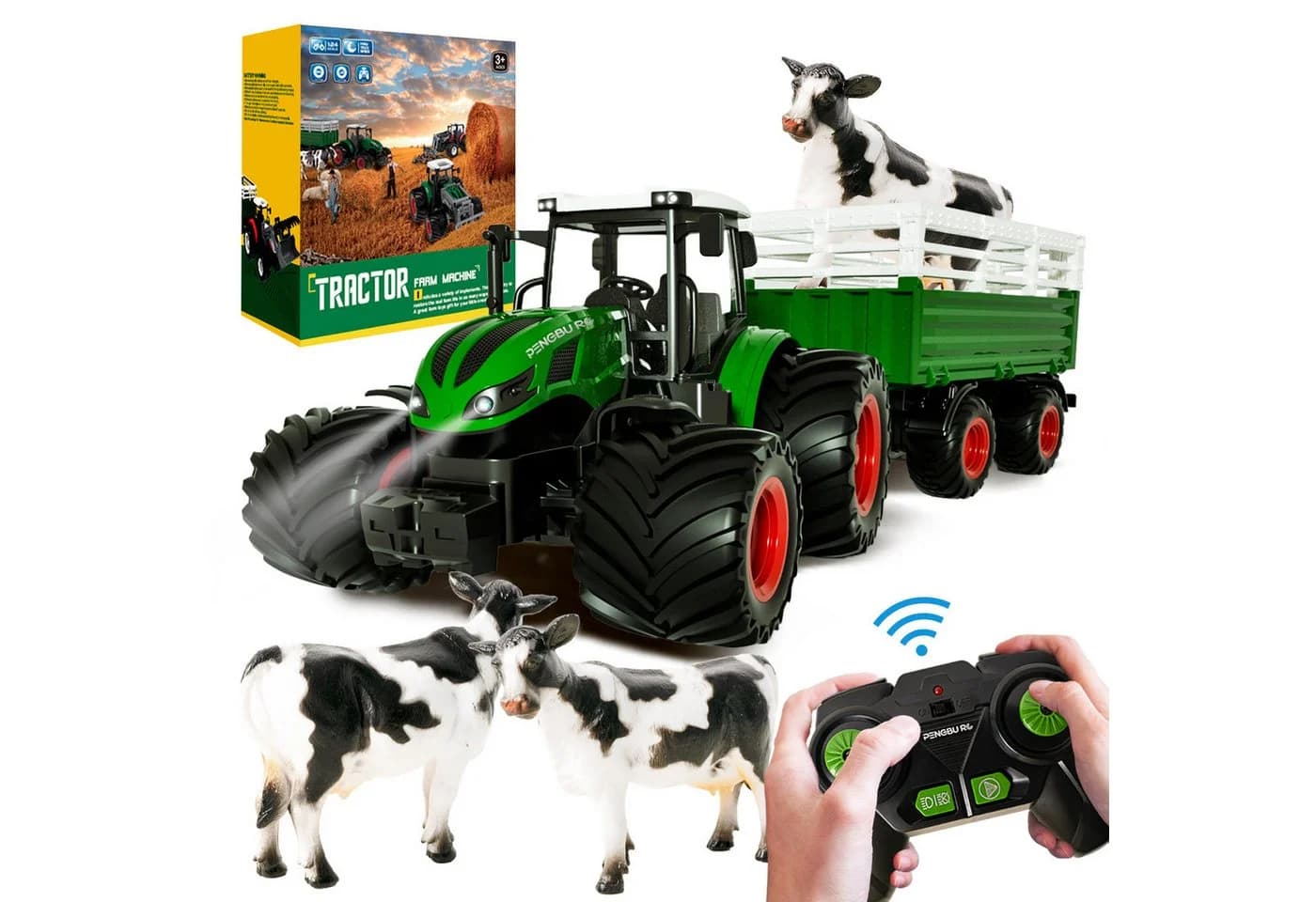 Esun RC-Traktor Ferngesteuert Grün mit Anhänger und Licht - Bild 2