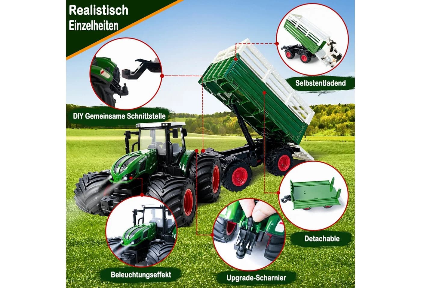 Esun RC-Traktor Ferngesteuert Grün mit Anhänger und Licht - Bild 3